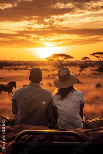 couple sitting on the floor Grass and a jeep in the grass field with wild animals in the background, the sunset © ND STOCK