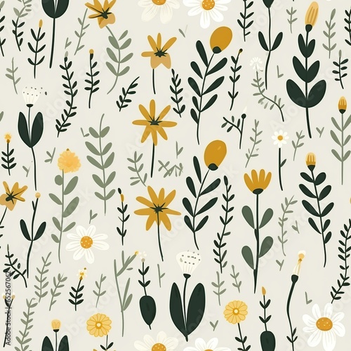 Wallpaper Mural Seamless vector floral colorful pattern. Ornate flower spring and summer botanical art in a modern flat style. Meadow plants, leaves, leaf and small daisy flowers. Romantic garden color illustration.  Torontodigital.ca