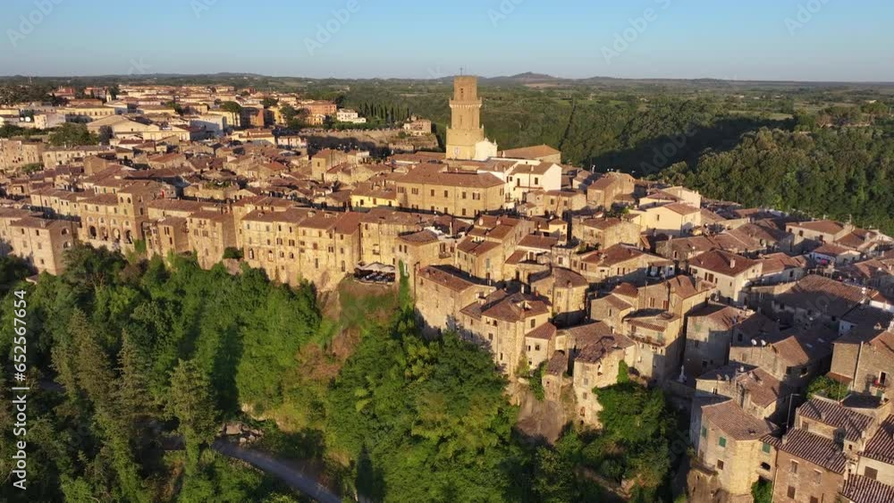 Aerial view of the medieval town of Pitigliano at sunset, in the province of Grosseto, Tuscany, Italy
