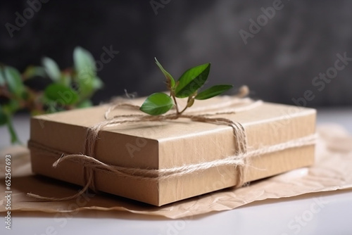 Eco concept with green leaves sprout growing in cardboard box from craft paper. Eco, zero waste, plastic free and saving energy, sustainable lifestyle, renewable energy. 