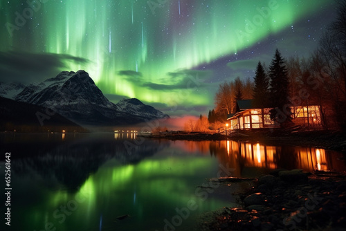  A stunning depiction of the Aurora Borealis (Northern Lights) with a gorgeous mountain landscape Created with generative AI tools.
