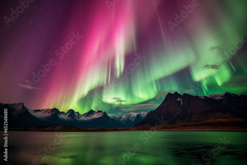  A stunning depiction of the Aurora Borealis (Northern Lights) with a gorgeous mountain landscape Created with generative AI tools. © Ivan cardona