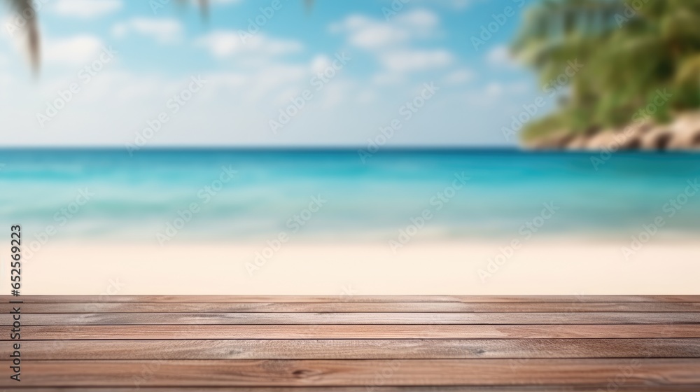 wooden table set against a backdrop of the sea, an island, and a vibrant blue sky. wooden table set against a backdrop of the sea, an island, and a vibrant blue sky.
