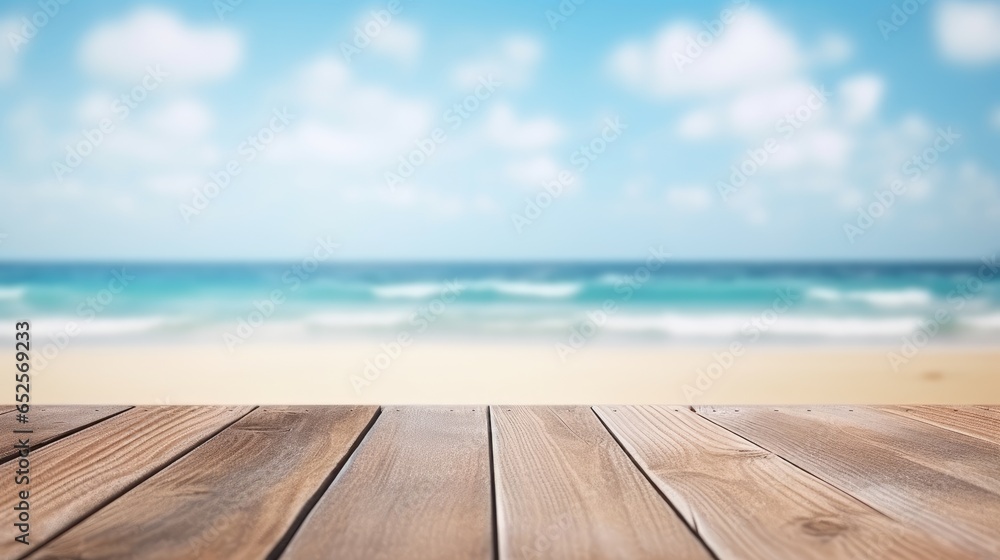 wooden table set against a backdrop of the sea, an island, and a vibrant blue sky. wooden table set against a backdrop of the sea, an island, and a vibrant blue sky.