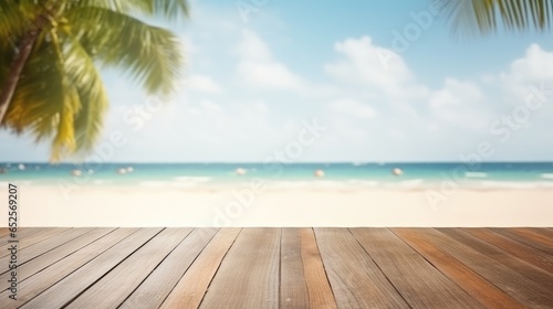 wooden table set against a backdrop of the sea, an island, and a vibrant blue sky. © Mr. Muzammil