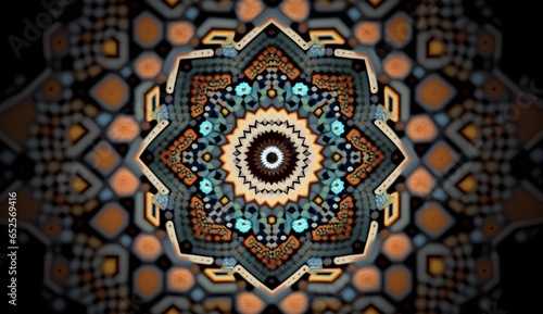 A close up digital caleidoscope with arabic paterns made from pixel of computer screen  photo