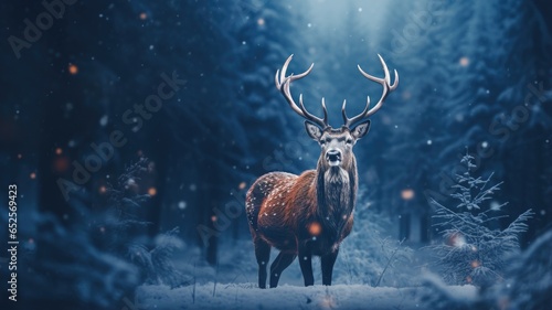 A majestic deer in a snow-covered forest