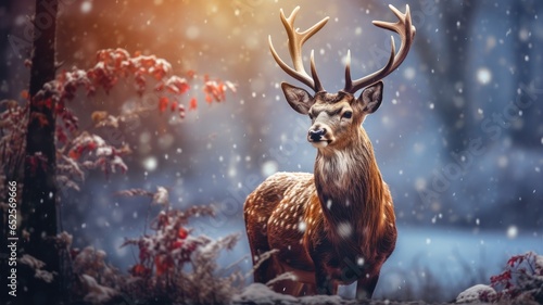 A majestic deer standing in a serene snowy forest © pham