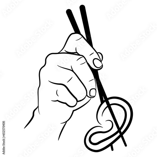 Human hand holding a human ear with chopsticks. Black and white silhouette.