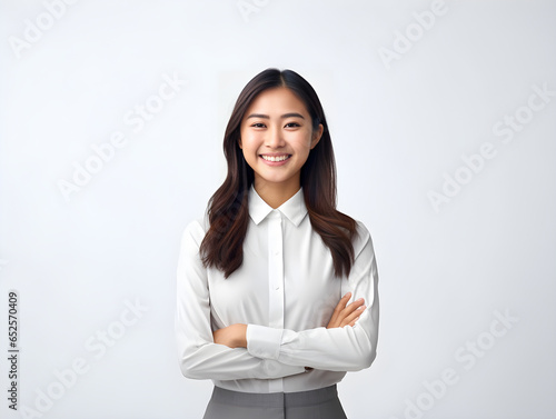 Asian business woman smile and standing with arms crossed isolated on white background, generative ai