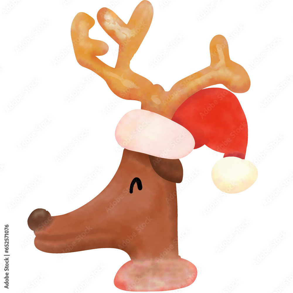 Cute reindeer wearing a Santa hat. Hand painted watercolor. Christmas ...