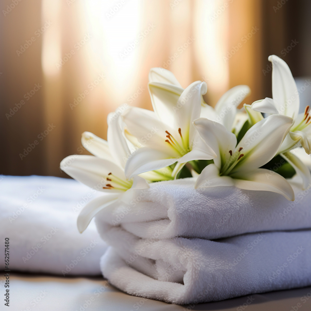 White towels with white lily flowers on bed in hotel room White towels with white lily flowers on bed in hotel room