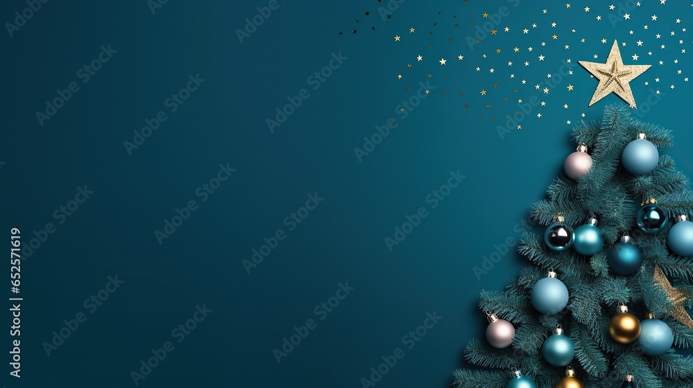 Christmas tree with stars Holidays celebration on dark blue green background - obrazy, fototapety, plakaty 