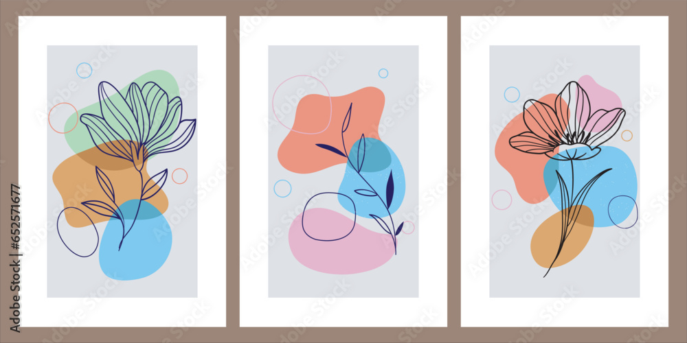 Collection of contemporary art posters in pastel colors. Abstract paper cut geometric elements and strokes, leaves and dots. Great deisgn for social media, postcards, print.