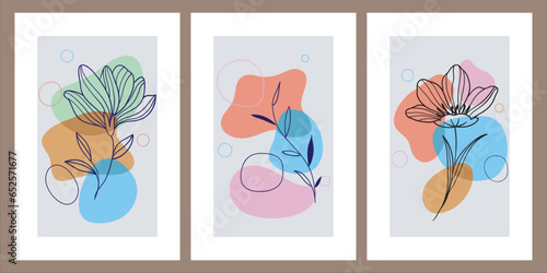 Collection of contemporary art posters in pastel colors. Abstract paper cut geometric elements and strokes, leaves and dots. Great deisgn for social media, postcards, print. © Riana