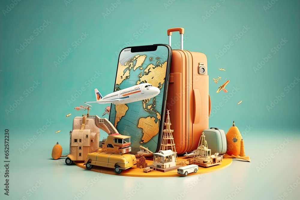 Illustration of a smartphone with airplane wings and a world map. Representing travel and adventure. Generative AI - obrazy, fototapety, plakaty 
