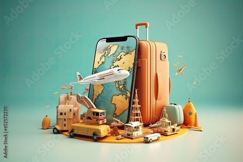 Illustration of a smartphone with airplane wings and a world map. Representing travel and adventure. Generative AI photo