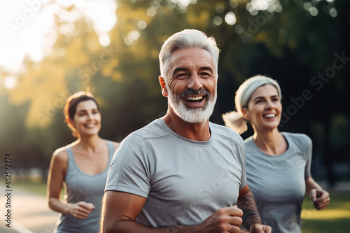 Healthy group of mature people jogging on track at park