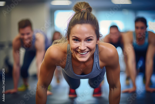 smiling American woman in sportswear doing pushups during an exercise class with a group of friends at the gym
