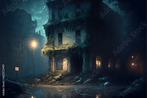 small waterfall overgrown post apocalyptic on a city street a renovated building with the only lighting on the street a inch of water covering the floor city ruins dreamlike night time 