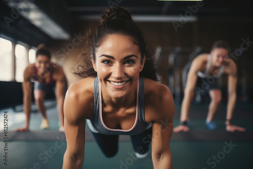 smiling American woman in sportswear doing pushups during an exercise class with a group of friends at the gym