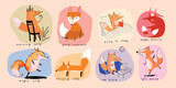 Set of cute fox and wolf cartoon hand drawn vintage style vector illustration.