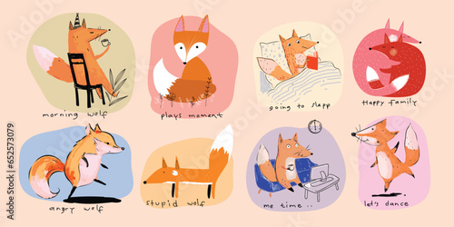 Set of cute fox and wolf cartoon hand drawn vintage style vector illustration.