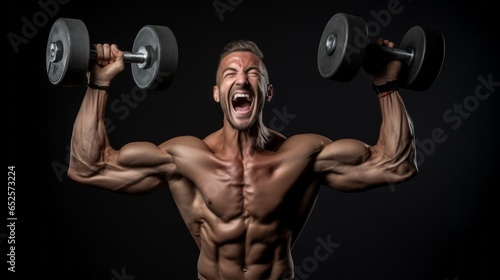 Male Fitness Trainer with Dumbbells on Gym Gray Background