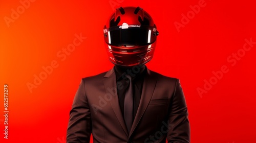 Bold and Dapper: Man Sporting Motorcycle Hat and Suit on Vibrant Red Background © danter
