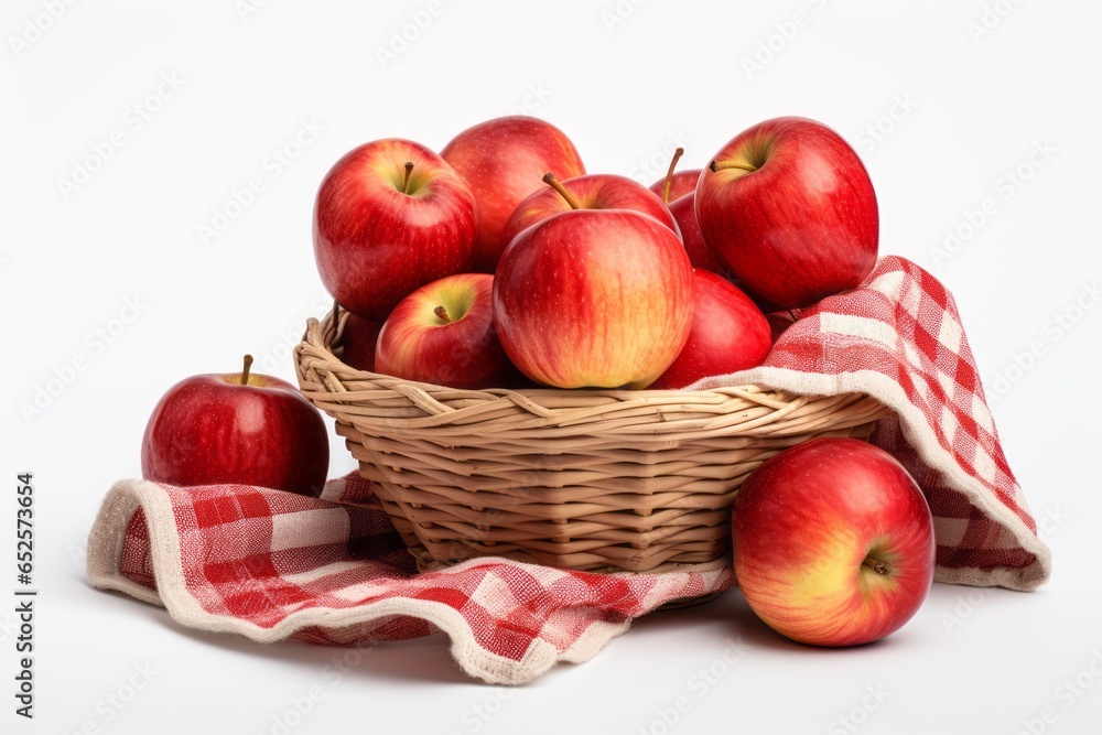 Fresh Harvest: Basket of Apples on a Picnic Blanket against a White Background Fresh Harvest: Basket of Apples on a Picnic Blanket against a White Background