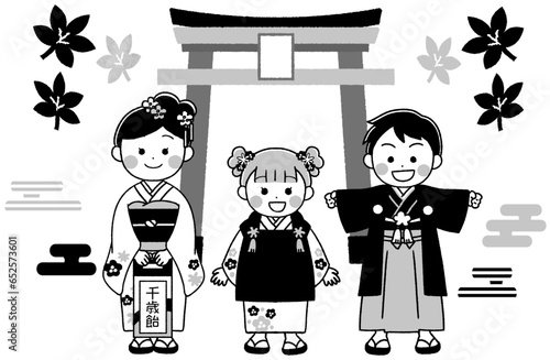 七五三　着物を着た子供達と鳥居のイラスト