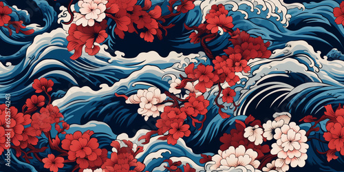 flowers japan style and waves pattern