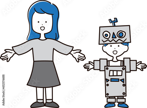 両手を広げる女の子と両手を広げるロボットの格好をしている男の子のイラスト素材