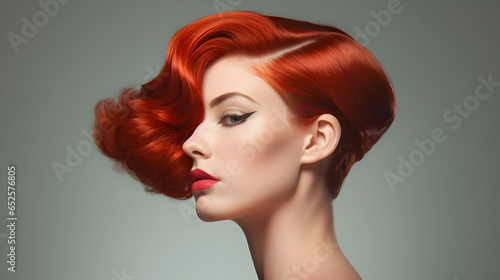 Fashion woman with red hair, closeup of beautiful girl face with red lips, glamorous modern lady, stylish model