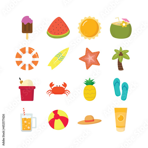 Vector flat summer or beach elements collection. Sun, Ice Cream, Buoy, Surfboard, Starfish, Coconut Tree, Watermelon, Bucket filled with sand, Crab, Pineapple, Sandal, Coconut Ice, Glass of Beer, Ball