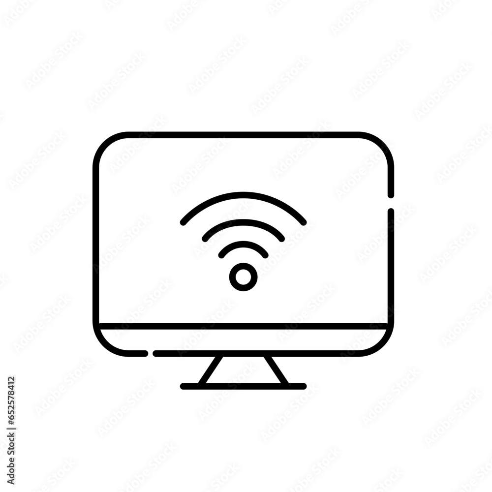 Desktop computer with wifi symbol on it. Pixel perfect, editable stroke icon Desktop computer with wifi symbol on it. Pixel perfect, editable stroke icon