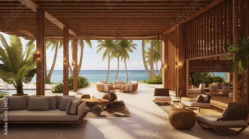 a beachfront hotel lobby with open-air design, natural materials, and a warm island welcome © DESIRED_PIC