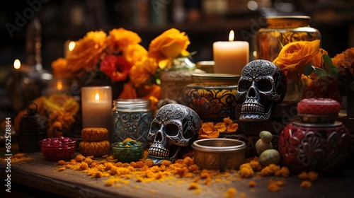 altar decorated with bright marigolds  candles  and sugar skulls
