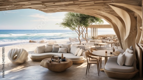 a beachfront cafe with sandy floors, driftwood furniture, and views of the rolling waves