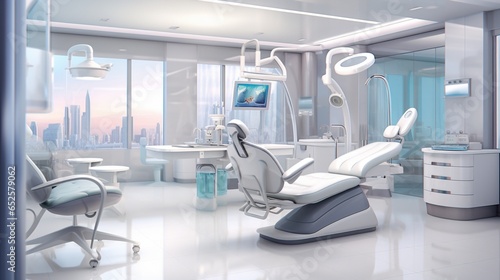 a contemporary dentist s office with dental chairs  instruments  and a sterile  professional setting