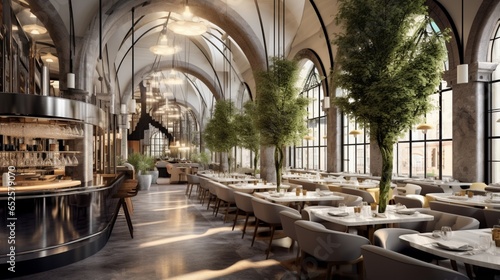 a contemporary restaurant inside a converted train station  preserving its architectural heritage