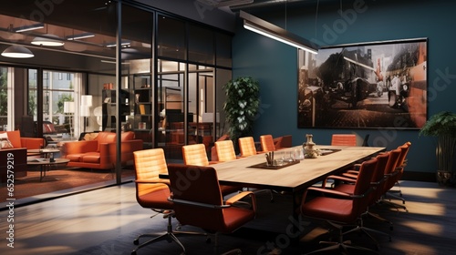 a contemporary conference room with modern technology, comfortable seating, and professional ambiance