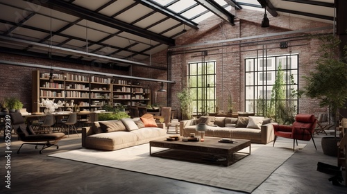 a converted warehouse loft space, a blend of industrial aesthetics and modern comfort