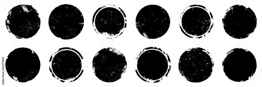 set of black grunge ink stamp circles, round shape stamp - obrazy, fototapety, plakaty 