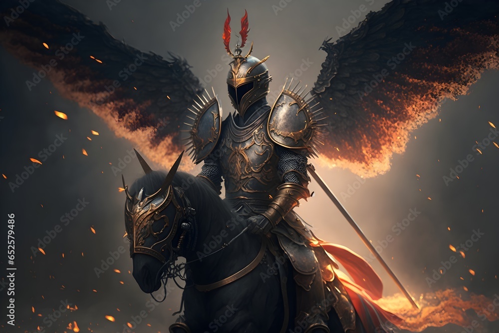 Polish winged hussar with dragon wings wielding huge spear Gold armor ...