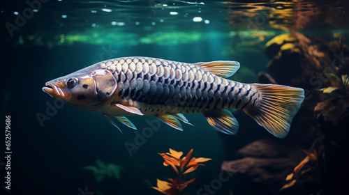 photo illustration of arowana fish with bright colors, generative ai