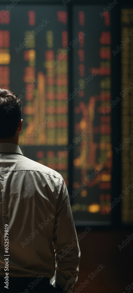 Trader businessman is waching stock charts. Vertical crop.