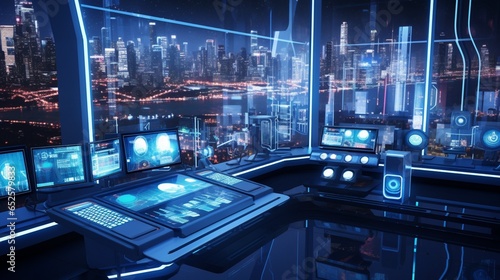 a futuristic techscape featuring holographic interfaces and digital displays