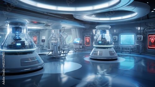 a futuristic lab setting with advanced scientific equipment and high-tech gadgets
