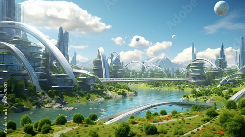 a futuristic cityscape with sustainable energy solutions and green technology